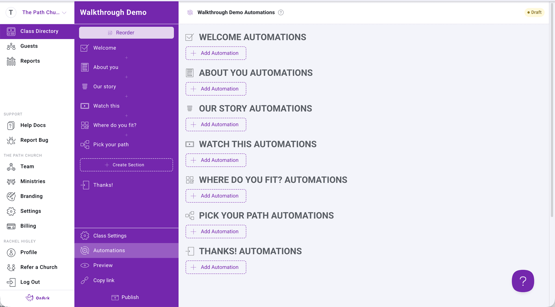 OnArk admin: Automations panel showing per-section automation triggers