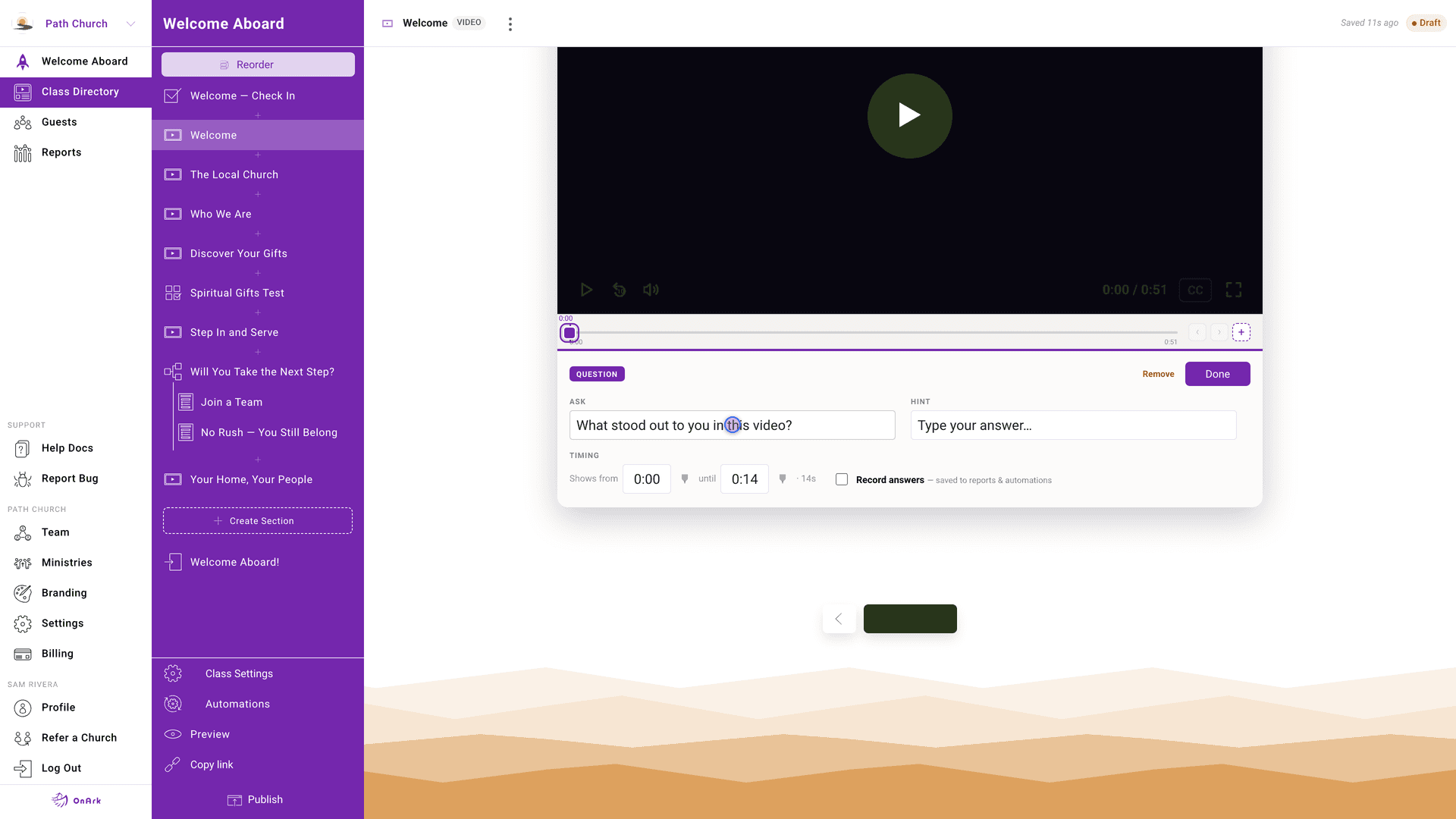 OnArk admin: Video section editor with empty state ready for a YouTube link