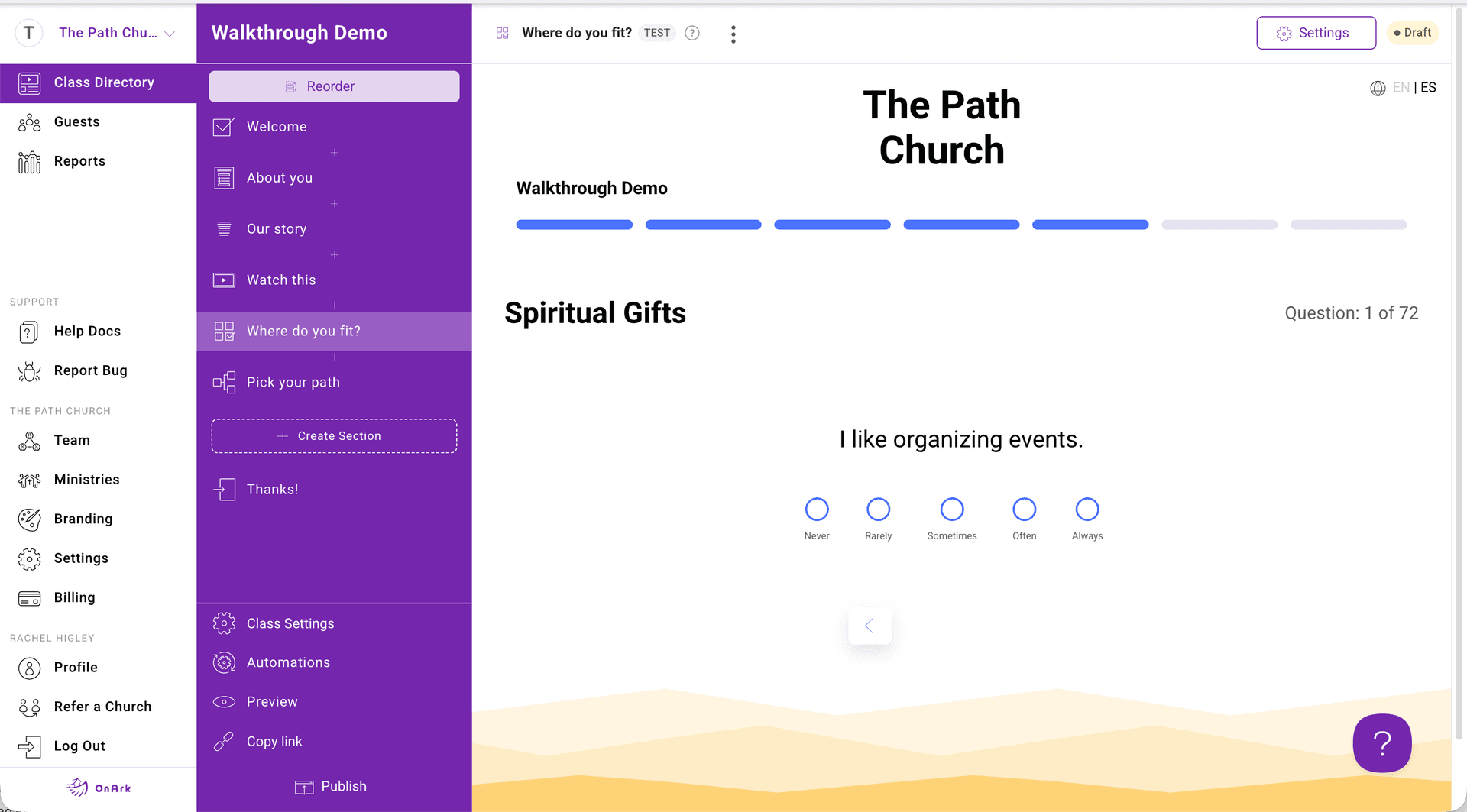 OnArk admin: Spiritual Gifts assessment in the Test section editor, question 1 of 72 with a 5-point scale